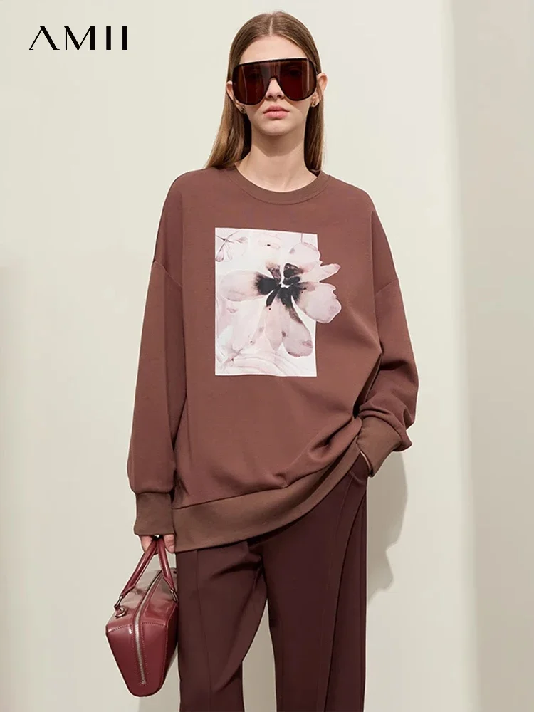 

AMII Minimalism 2024 Spring New Hoodies Women Crew Neck Drop Sleeves Flowers Printed Loose Mid-length Streetwear Tops 12421008