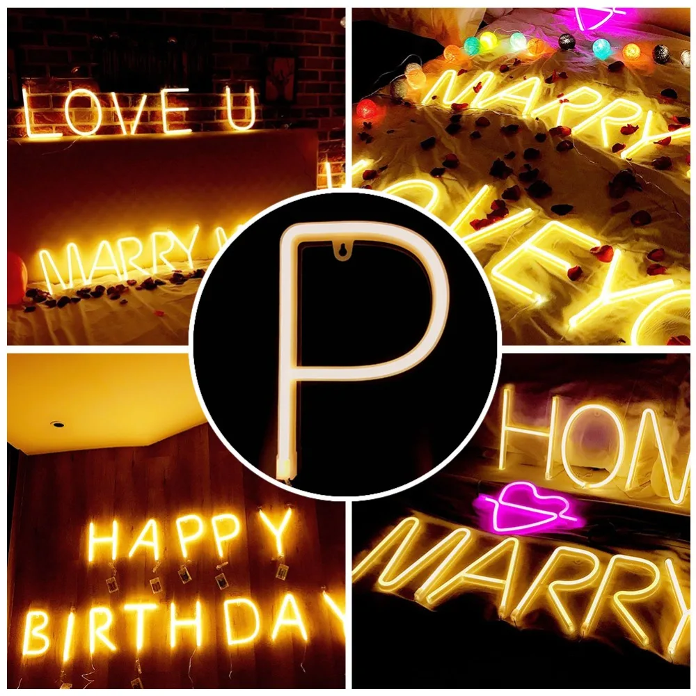 Letter Shape LED Neon Lamp Warm White Light USB/Battery Powered Neon Sign Light Wall Mountable Dual Power Supply
