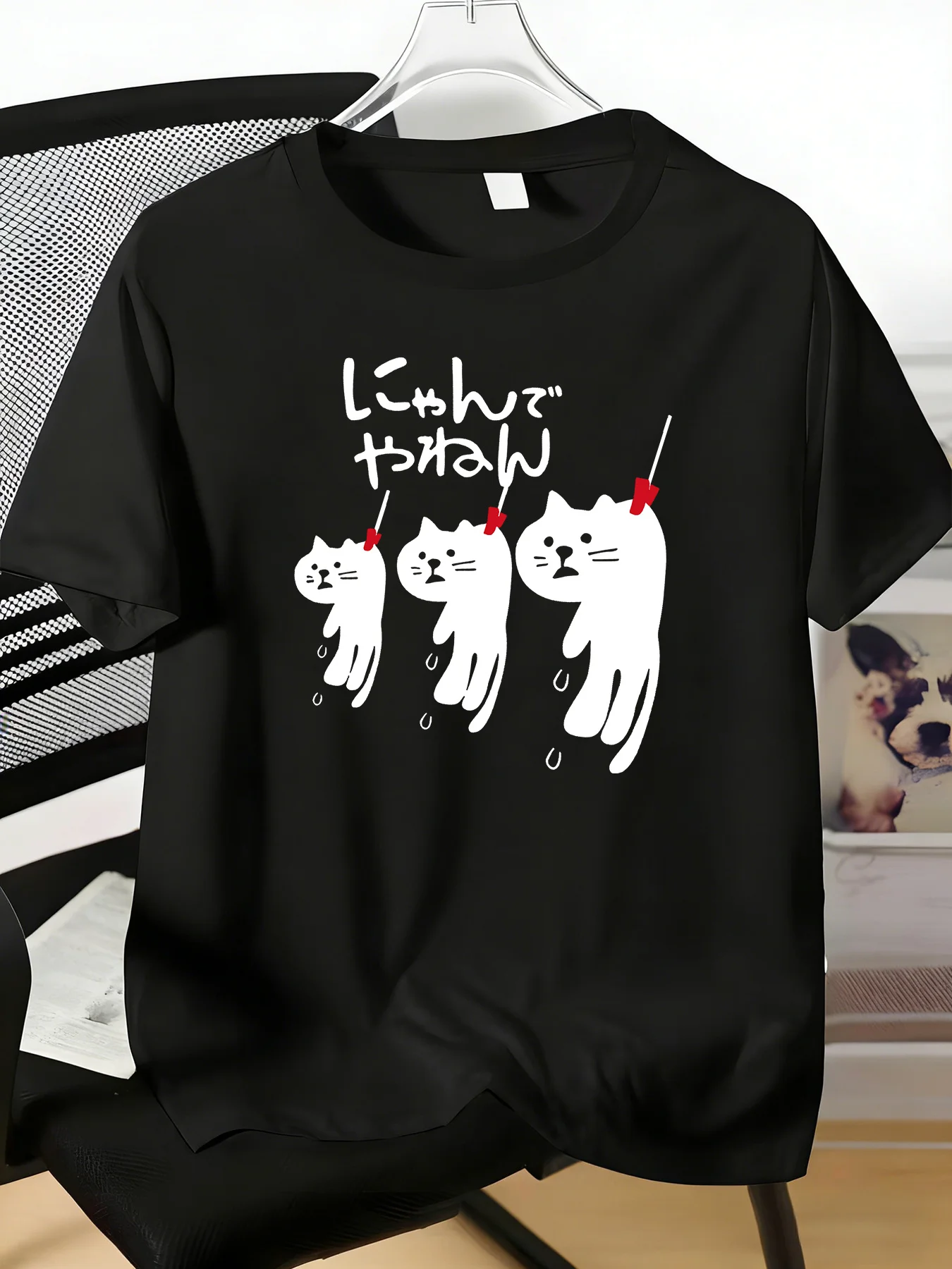 Cute Cartoon Hanging Black Cats Japanese Script Graphic Mens Crew Neck Short Sleeve Soft Cotton Male Summer Street Casual Tees