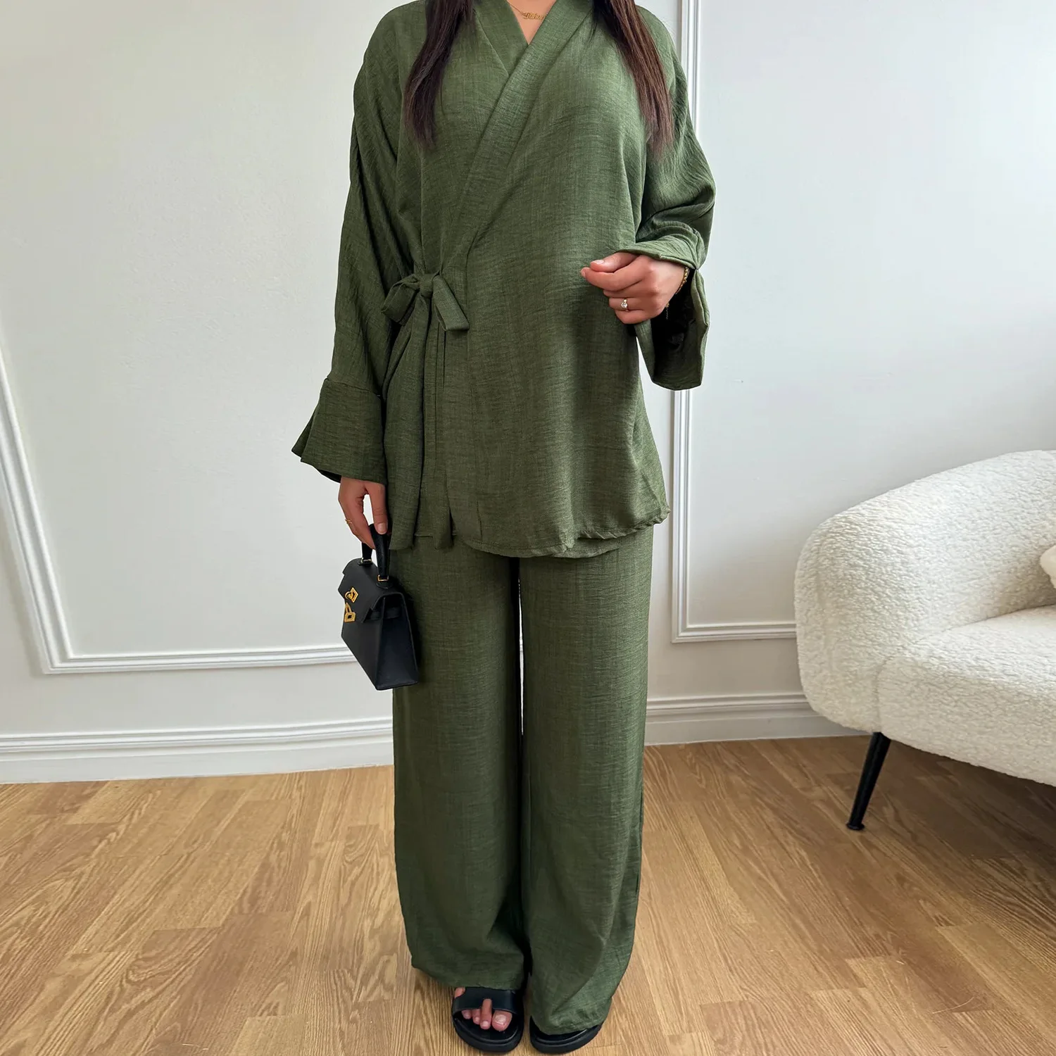 Donne Musulmane Set di Corrispondenza Islam Abbigliamento Abiti Camicetta Pantaloni Vestito Kimono Lace Up Top Pantaloni Dubai Femme Musulmane Ensembles