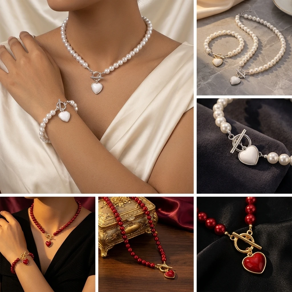 2 Teile/satz Elegante Simulierte Perle Liebe Herz Anhänger Halskette Armbänder Set Für Frauen Männer Temperament Herz Bankett Schmuck Set