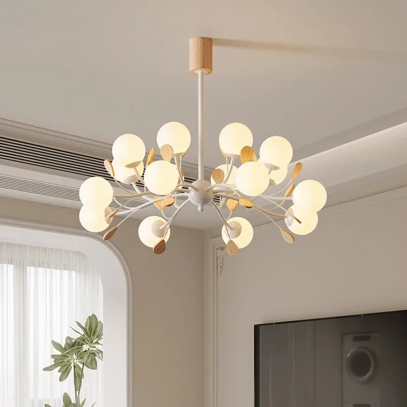 Scandinavian Magic Bean Chandelier Modern Glass Ball Wood Pendant Light For Dining Living Room Bedroom Home LED Ceiling Lamp