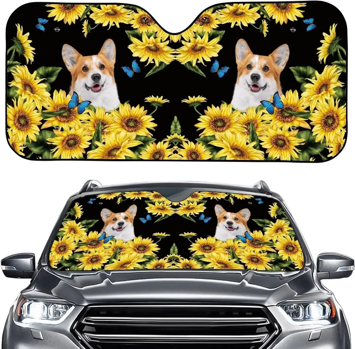 

Sunflower Corgi Print Car Front Windshield Sun Sha, Accordion Folding Auto Sunsha For Truck SUV, Blocks UV Rays