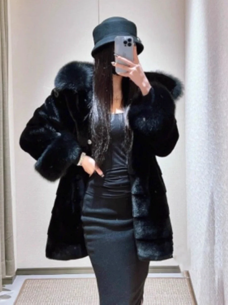 2025 Young Sle Thiened Younger Looking  Fur Collar Hat Coat Women's Mid-Length Long Sve Loose Fit Winter Outerwear