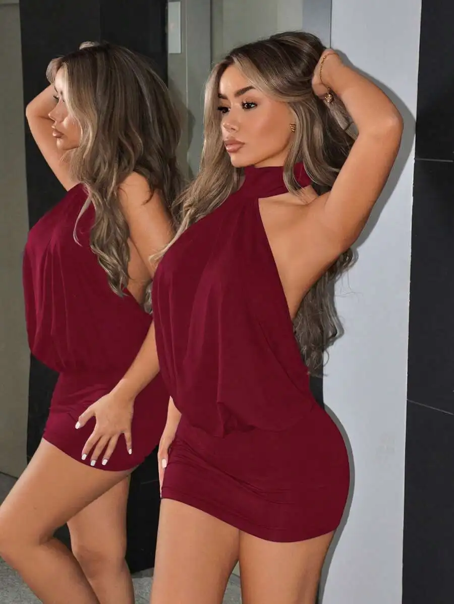 

Burgundy High Neck Backless Layered Mini Bodycon Dress for Women
