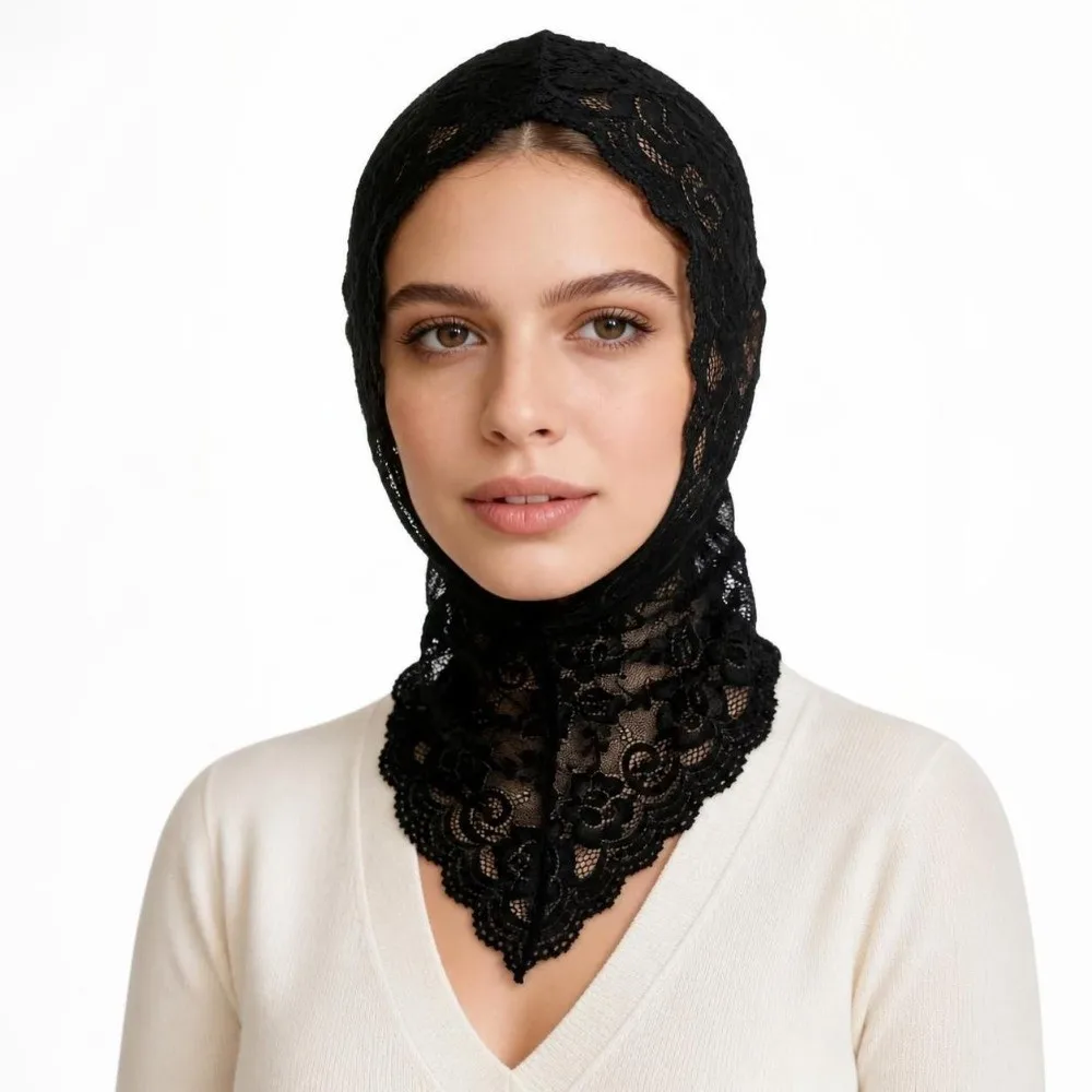 Lace Decorative Turban Caps Neck Warmer Headwear Black White Head Scarf Floral Print Stretch Soft Face Exposure Headwear