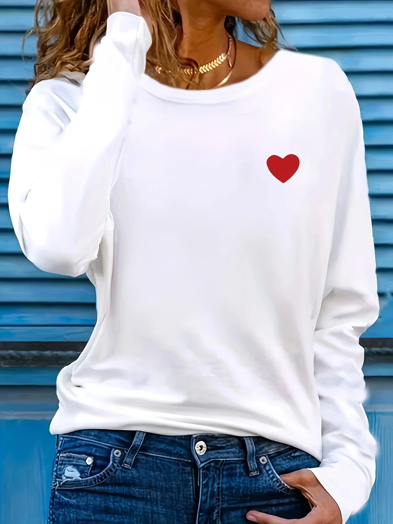 [Heart Print Blouse] Women's Red Heart Print Blouse - Long Sleeve Round Neck T-Shirt, Machine Washable Casual Top with Comfortable Regular Fit, All-Season Casual Attire Stretch Fabric Shirt for Layering or Solo Outfits (Non-)