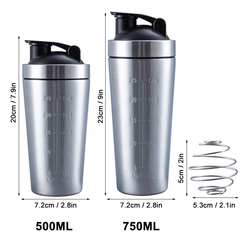 Copo Protein Powder Shaker, 750ml, 304 Aço Inoxidável, Garrafa de Água Portátil Esporte Fitness, Caneca à Prova de Vazamento, Nutrição Blender