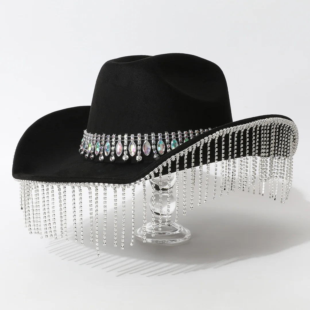 HongLuan Black Felt Glitter Costume Hat Adult, Cowboy Hats Rhinestone for Woman, Cowboy Cosplay Female Accessories & Cowgirl Cap