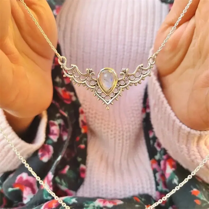 Elegant and Stylish Women's Openwork Pendant Necklace Accented with Moonstone-Style Stones Courtly Style Excellent Gift Choice