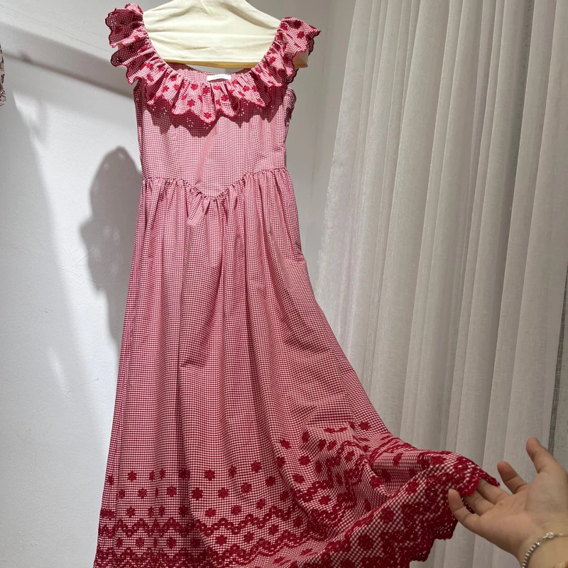 Summer Beach Style 2023 Poplin Pink Hollow Out Flower Embroidery Flouncing Off The Shoulder High Waist Midi Dress for Women