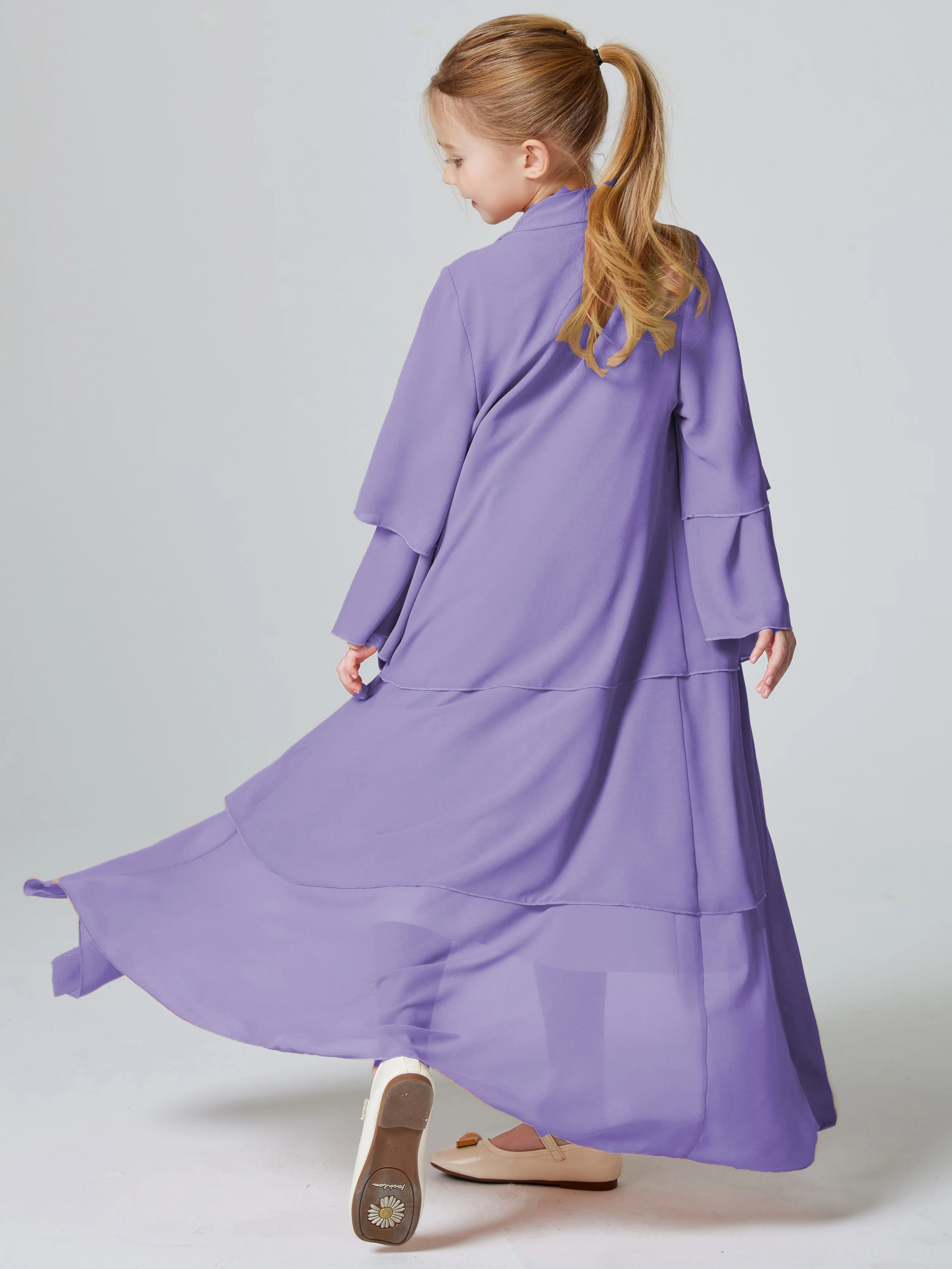 Abaya en mousseline de soie pour filles musulmanes, 3 couches, robe pour enfants, devant ouvert, sans hijab, ramadan kebaya