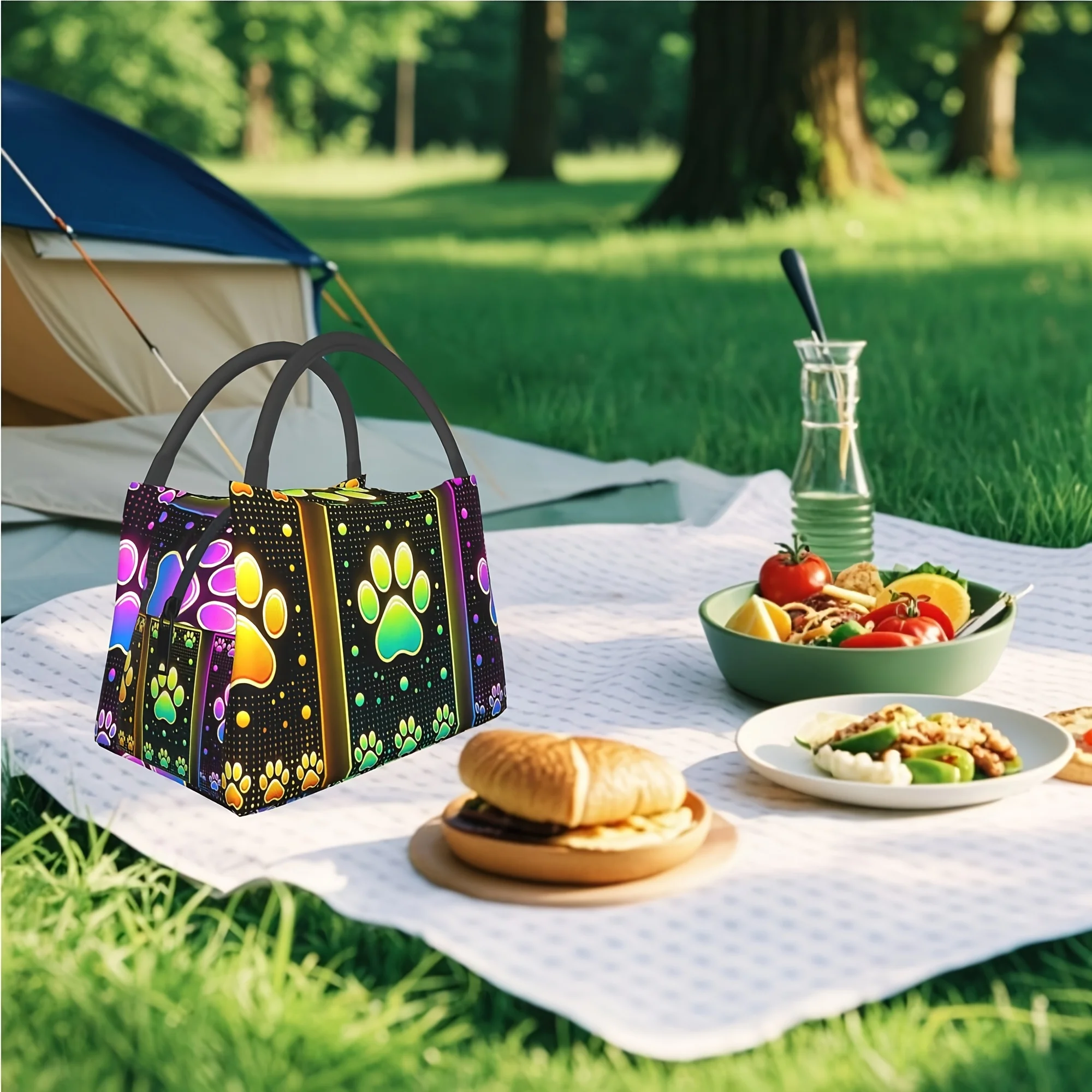 Neon Paw Print Lunch Bag Insulated Cooler Tote Reusable Food Safe Bag for Teens and Family