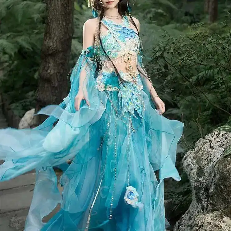 Chinese Elements Fairy Cosplay Costume Hanfu Female Exotic Dancewear Peacock Blue Dress Exotic Mermaid Princess Embroidery Dress - view 5