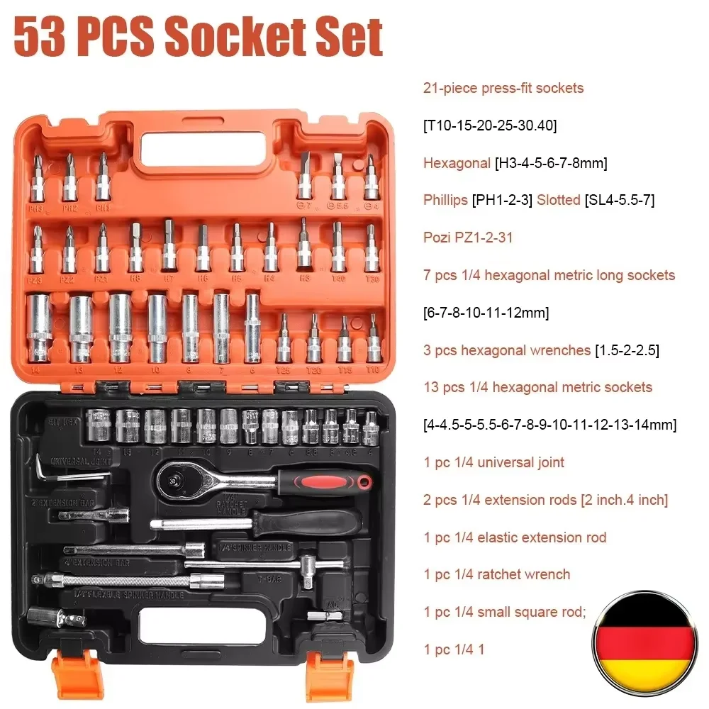 53PCS Motorcycle Vehicle Maintenance Tool Set Socket Ratchet Wrench Kit Auto Car Repair Hand Tools Set for Vehicle Maintenance