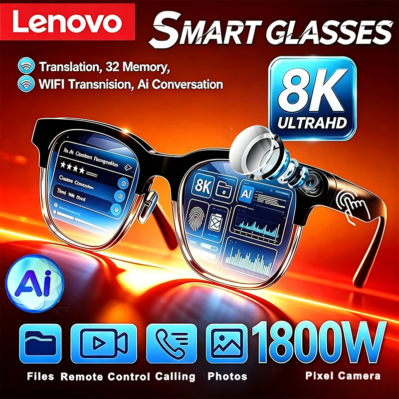 Lenovo Wireless AI Smart Glasses Bluetooth Remote Touch Control Photo Video Translator Record Voice Assistant óculos Inteligent