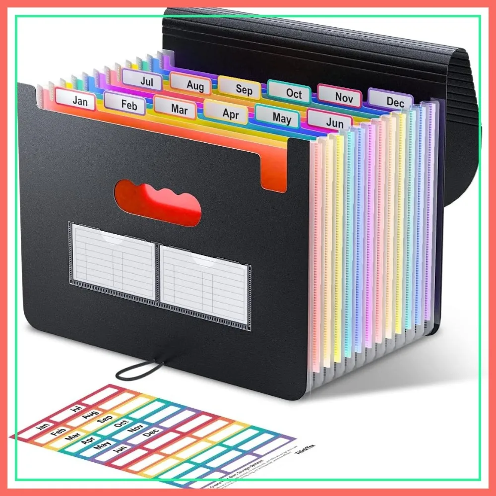

12-Pocket Accordion File Organizer, Expanding Folder for Receipts, Bills, Taxes, Letter/A4, Colorful Tabs, Black
