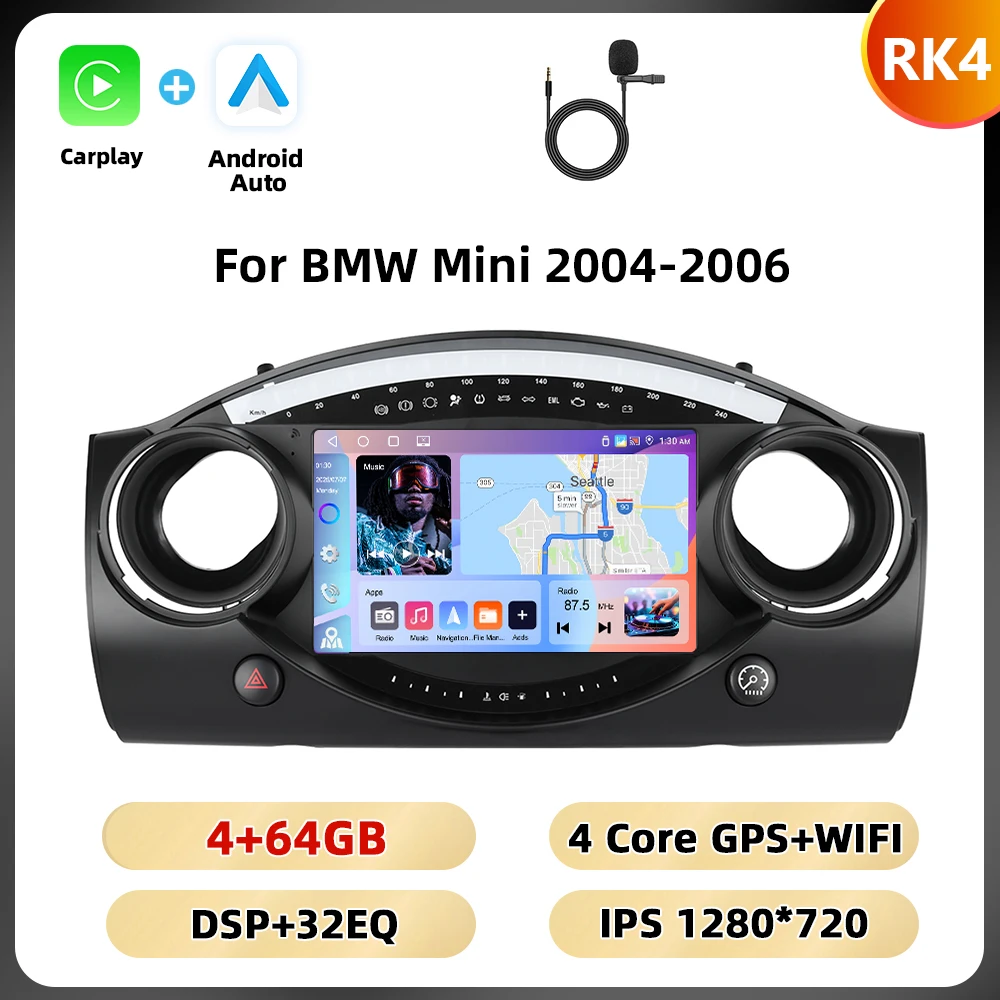 Podofo 8+128G 8-core autoradio voor BMW Mini 2004-2006 multimediaspeler Android Auto Carplay WIFI 4G Qualcomm AI spraakbesturing auto-audio