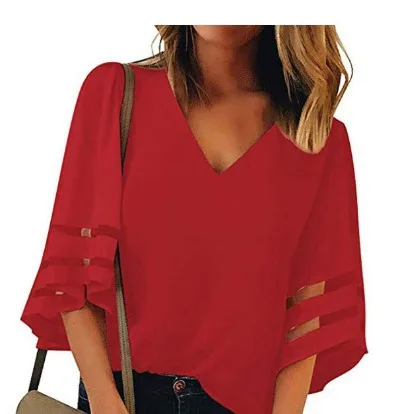 

Y2K loose V-neck women's mesh flared sleeve casual holiday shirt solid color fashionable and elegant versatile top