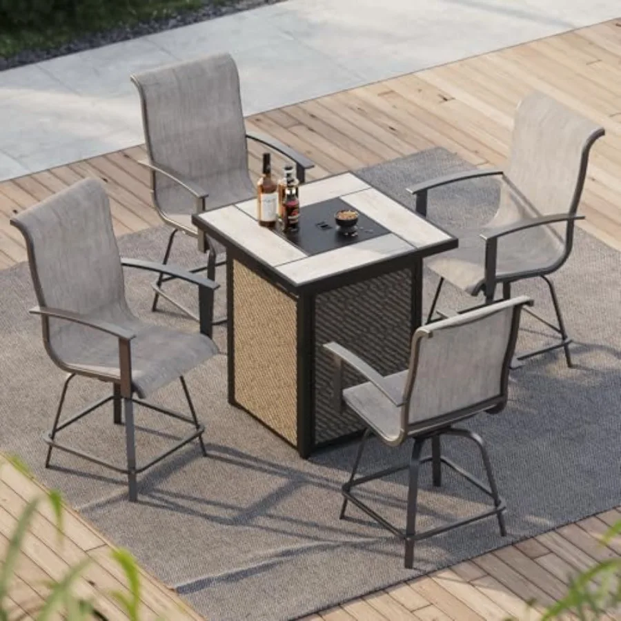 

Набор из 5 уличных барных стульев для патио с высоким сиденьем и столом для костра, мощность обогрева 60000 BTU, высокие спинки, поворотные стулья, цвет кофе