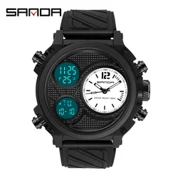 SANDA 3002 LED Digital Quartz Watch For Men Sport Watches 50m Waterproof Electronic Wristwatch Double Time Display Alarm Clock