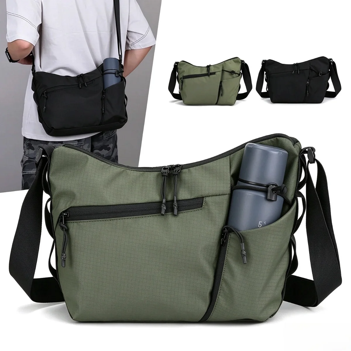 B Men's Casual Multi-Functional Single Shoulder Crossbody Bag for Outdoor Travel Commuting Water Bottle 12 Inch Tablet Bag