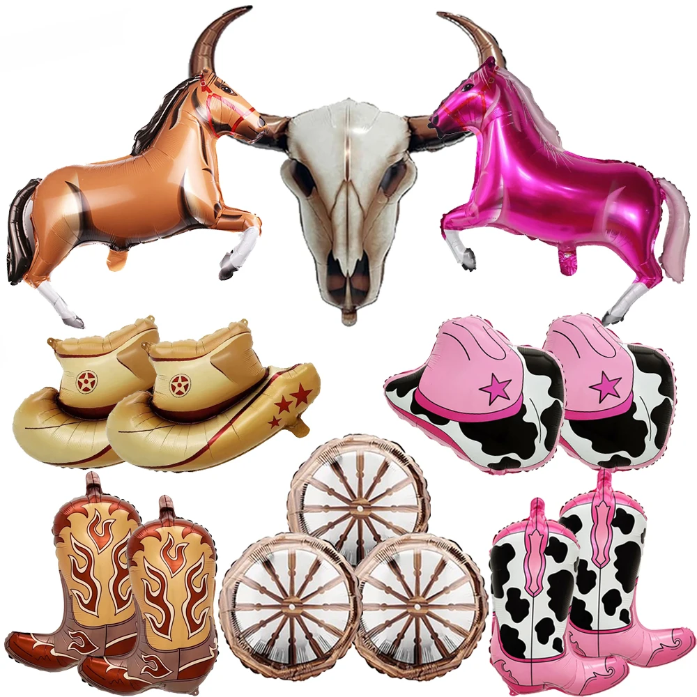 Decoración de fiesta de vaquero occidental, globo de aluminio de cuerno largo, globo con cabeza de toro y caballo, suministros de decoración para fiesta de bienvenida de bebé y cumpleaños con temática occidental