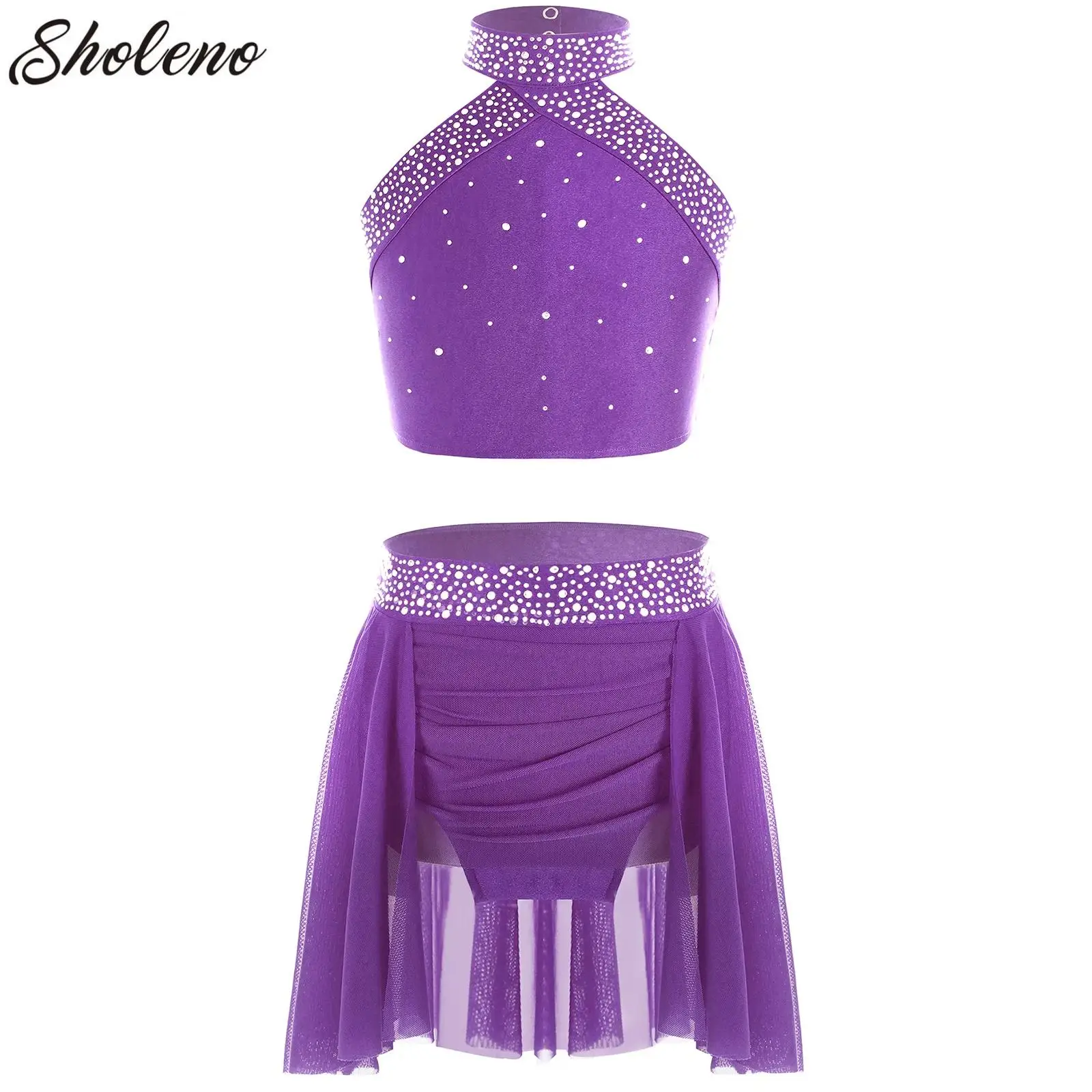 

Kids Girls Ballet Dance Outfit for Lyrical Jazz Latin Dance Costume Halter Rhinestones Gymnastics Leotard Dress Stage Dancewear
