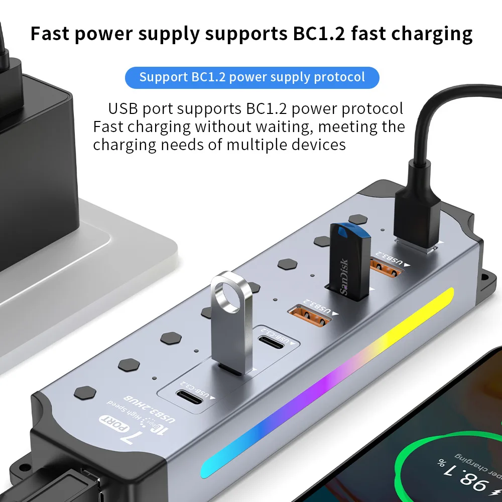 7 in 1 USB 3.2 Gen 2 HUB Powered USB 3.2 Splitter 10Gbps USB A Type C HUB Individual Switch Multiport RGB Expander for Laptop PC