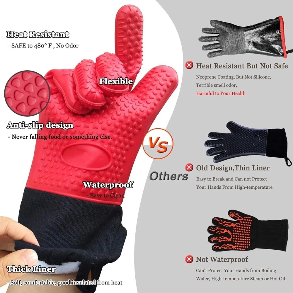 Long Thick Silicone Gloves Heat-resistant Non-slip Microwave Oven Mitts Kitchen BBQ Baking Cooking Canvas Stitching  Oven Gloves