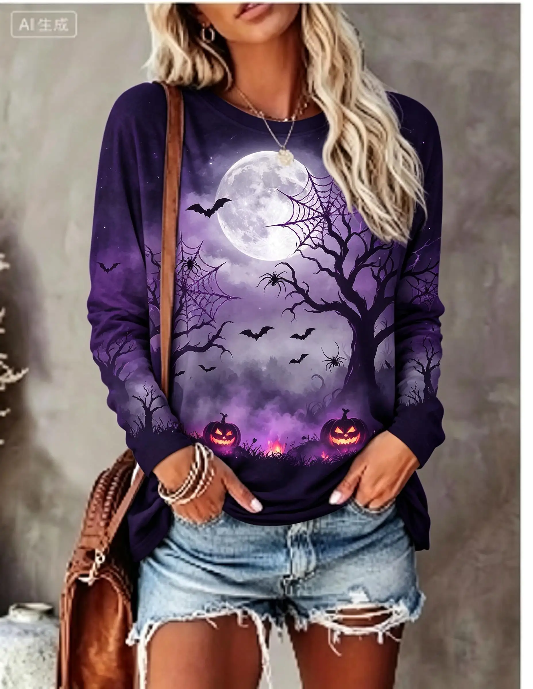 Women Halloween Long Sleeve T‑Shirt Full Moon Bat Dead Tree Pumpkin Spider Web Print Crew Neck Fall Tops