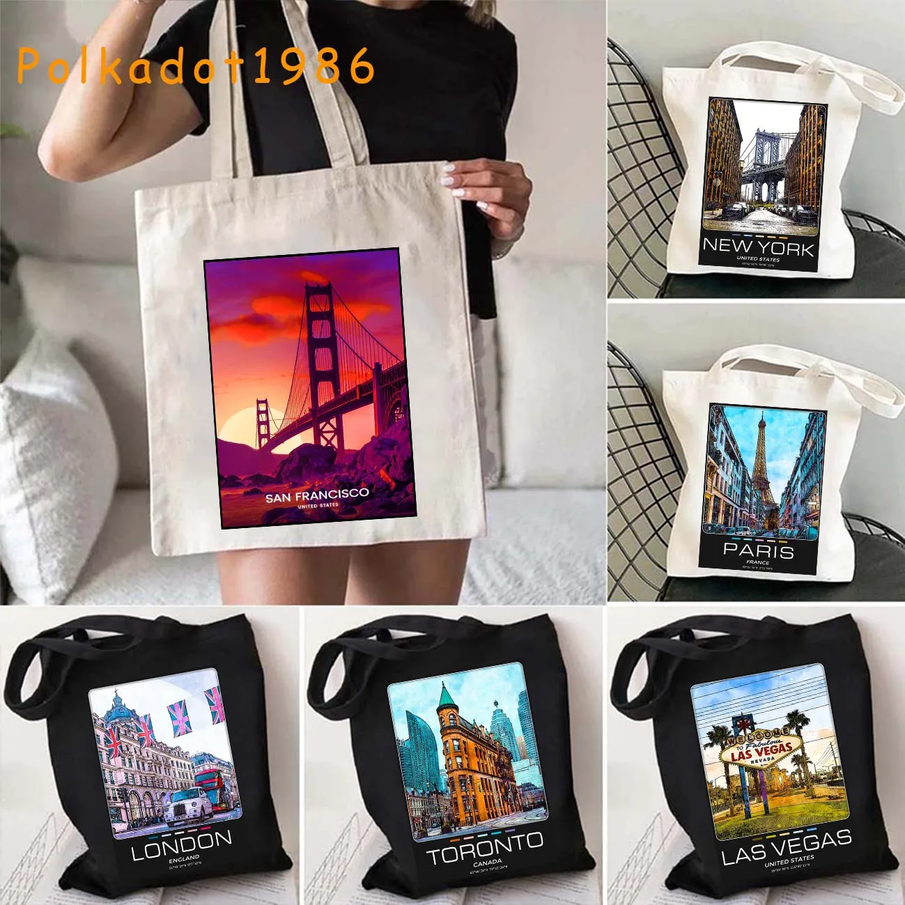 London New York Paris Seoul Sydney Toronto Los Angeles Hand Draw Watercolor Ink Painting Shoulder Canvas Tote Bag Cotton Handbag