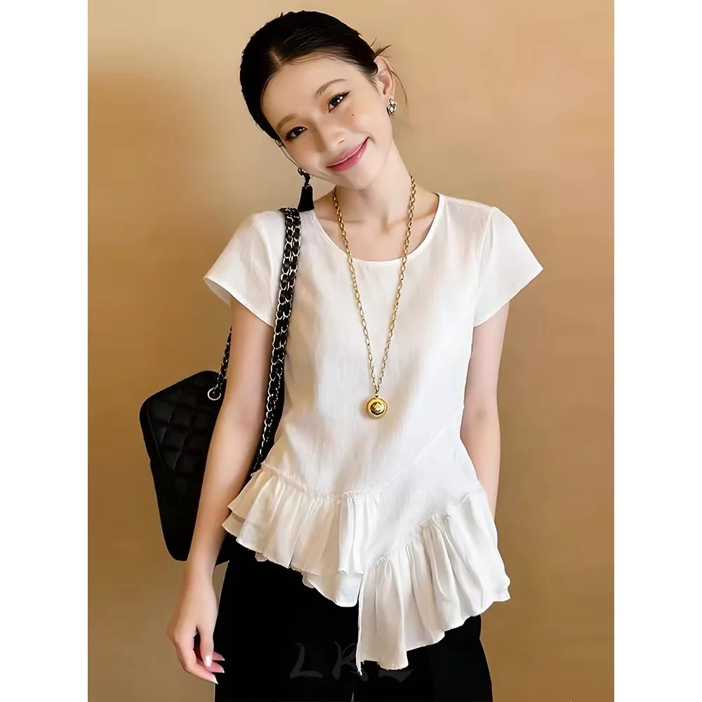 Sweet Pink Round Neck Ruffled Peplum Linen Top Short Sleeve Asymmetrical Hem Casual Blouse For Women Commuted Dateing Outfits