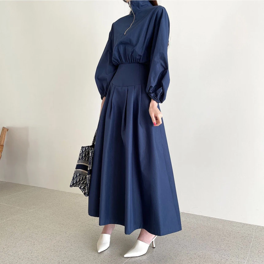 2024 New Chic French Spring Lantern Sleeve Ball Gown Long Dress Elegant Women Zipper Stand Collar High Elastic Waist Maxi Dress