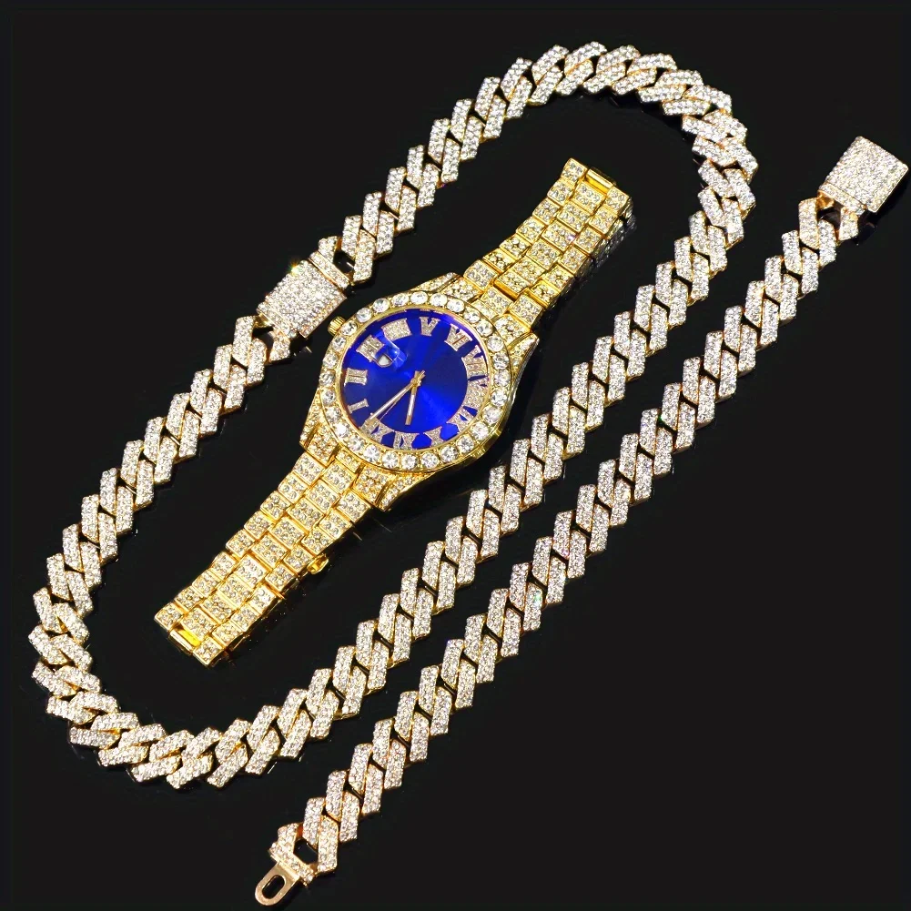 Fashion Rhinestone Wrist Watch & Hip Hop 14MM Prong Cuban Chain & Rapper Cuban Necklaces Set, Punk Party Gift