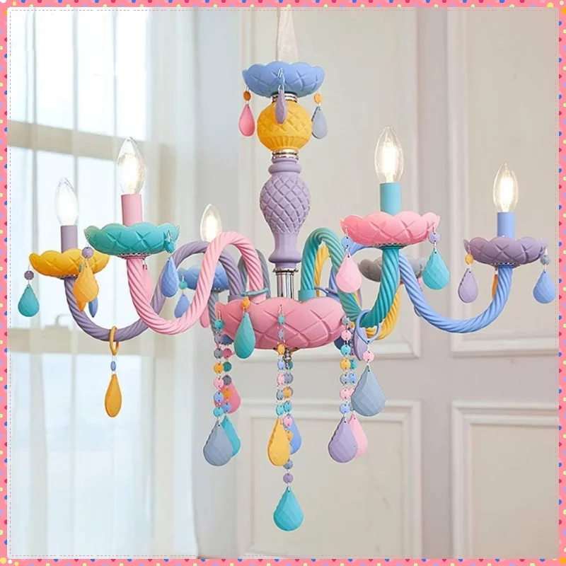 

Nordic Chandeliers for Living Room Rainbow Candle Pendant Light Macaron Lampshade Princess Children's Bedroom Decoration Lights