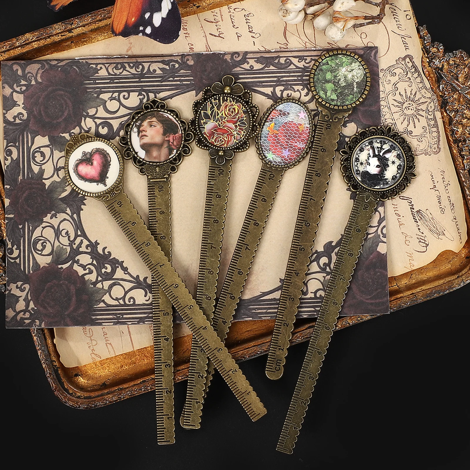 6 Pcs/set Vintage 10cm Brass Bookmarks Ruler Measuring Tools Creative DIY Journal Material Student Supplies Stationery