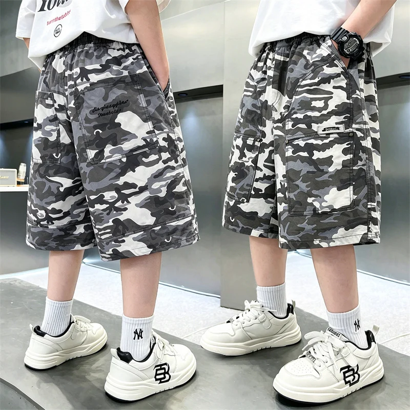 Tweens Boys Camo Cargo Shorts with Pocket Teenage Child Outdoor Loose Style Military Tactical Work Shorts Kids Camouflage Pants