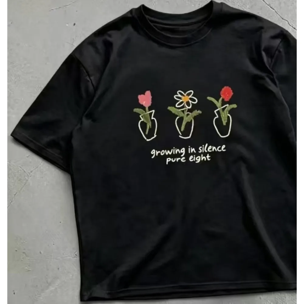 Hand Drawn Vase Flower Graphic T‑Shirts Women Growing In Silence Slogan Print Casual Loose Short Sleeve Female Daily Tops