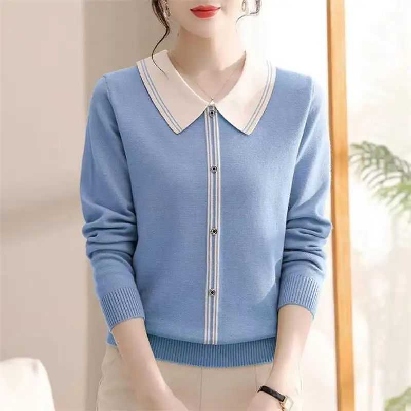 Knitted Sweater Women\'s Clothing Autumn Winter Turn-down Collar Pullover Button Long Sleeve Screw Thread Elegant Korean Tops