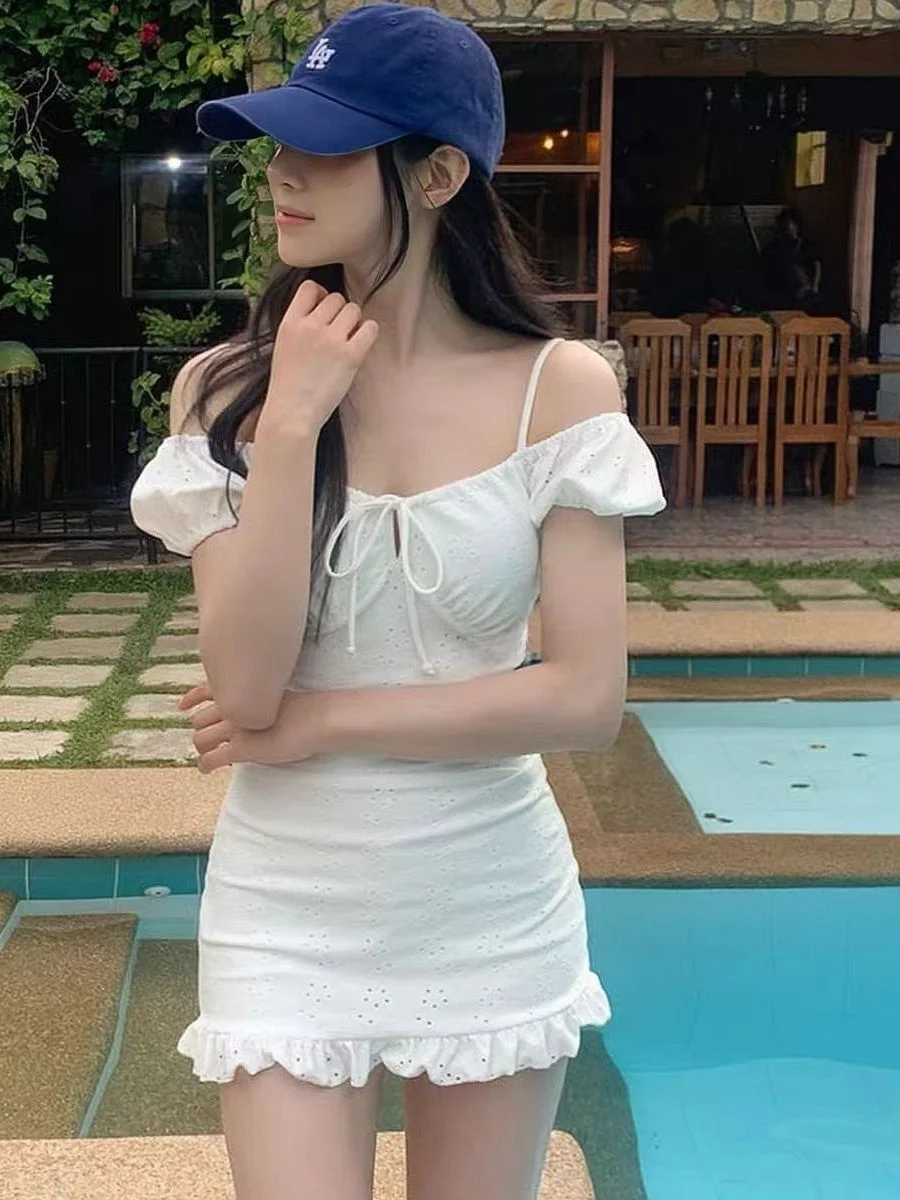 Korean Style Girl Ins Conservative Skirt Style  Swimsuit Women's White Small Chest Vacation Hot Spring Bathing Meat ...