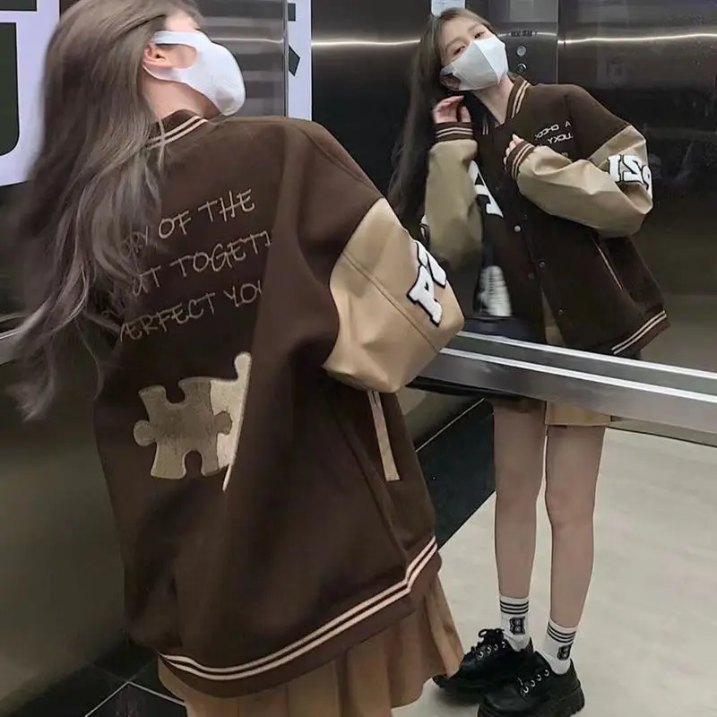 

Baseball Jackets Orange Womens Autumn Loose-Fitting Collar High-Performance Canvas Preppy Mesh Fur-Collar Elastic Varsity Ladies