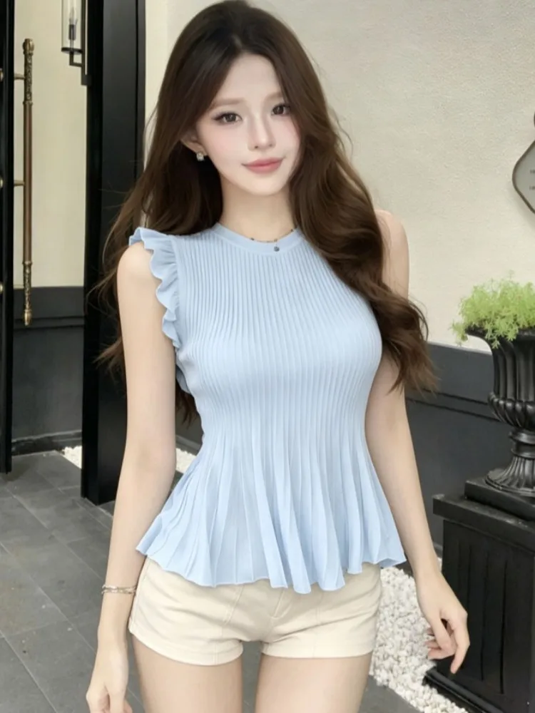 

Unique Knitted Slim Fit Vest Women's Summer New Style High Waist Cinched Flying Sleeve Fashionable Outerwear Innerwear Top Tr...