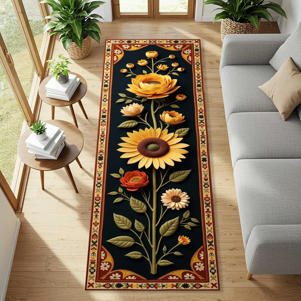 Alfombra de corredor floral con girasoles y flores silvestres Alfombra de pasillo de estilo campestre colorida para granja rústica o decoración del hogar vintage