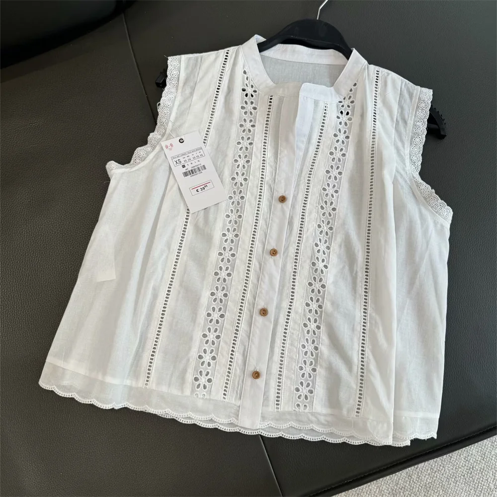 

BMURHMZA Summer New Women's French Design Round Neck Sleeveless Vertical Lace Romantic Style Top