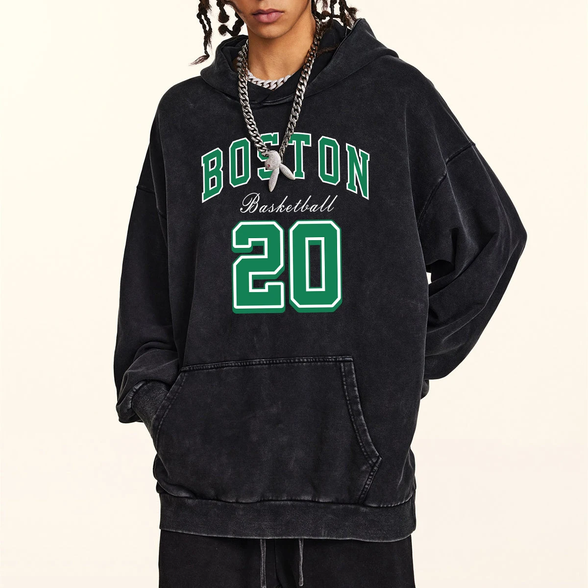 America City Boston No.20 Green Letter Hoodie Men Retro Washed Hoodies Autumn Oversize Cotton Sweatshirt Simple Loose Hoody Tops