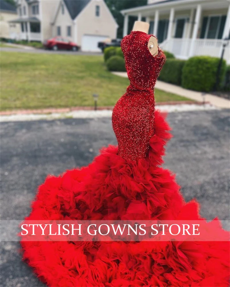 Red Long Prom Dress For Black Girls 2024 Beaded Crystal Birthday Party Dresses Ruffles Evening Gown Mermaid High Slit Customized