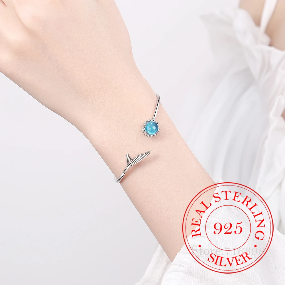 New Fashion Creative Mermaid Foam Bangle 925 Sterling Silver Fairy Mermaid Tear Fishtail Opening Bracelets Bangle