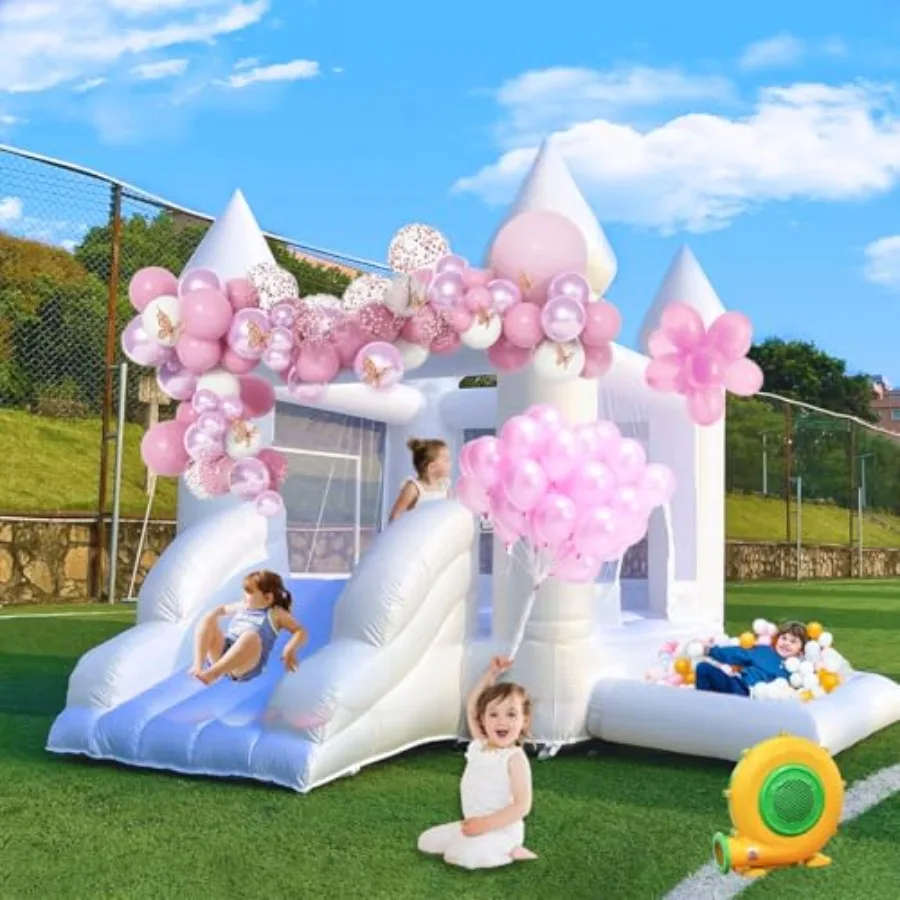 Casetta gonfiabile bianca da rimbalzo per bambini Castello gonfiabile bianco da 9 piedi con scivolo Castello gonfiabile da salto divertente per 24 parti di compleanno per bambini