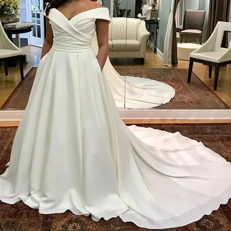 

Satin Simple Plus Size A Line Wedding Dresses Off Shoulder Elegant Ivory Bridal Gowns With Pocket Pleated Court Train Reception